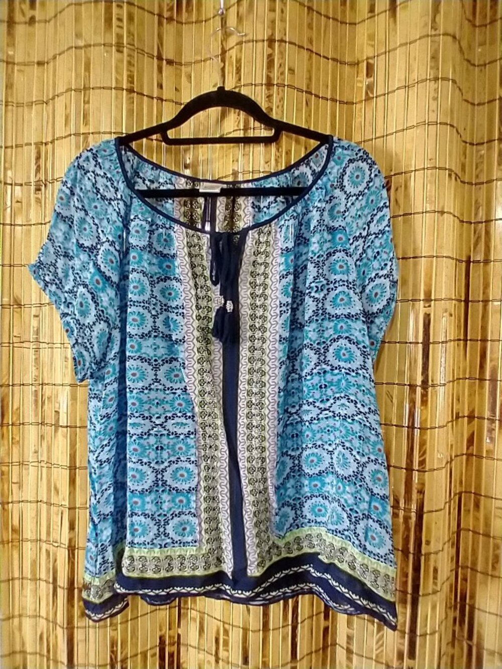 Bila Tile Print Tassel-Tie Short Sleeve Boho Blouse XXL